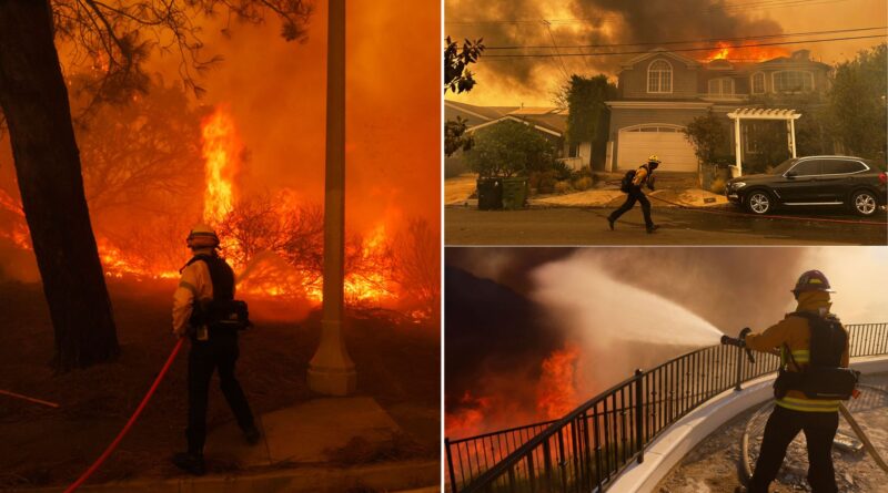 Una star del cinema aiuta i vigili del fuoco a combattere l’incendio di Los Angeles che sta spazzando via una collina esclusiva costellata di case di celebrità